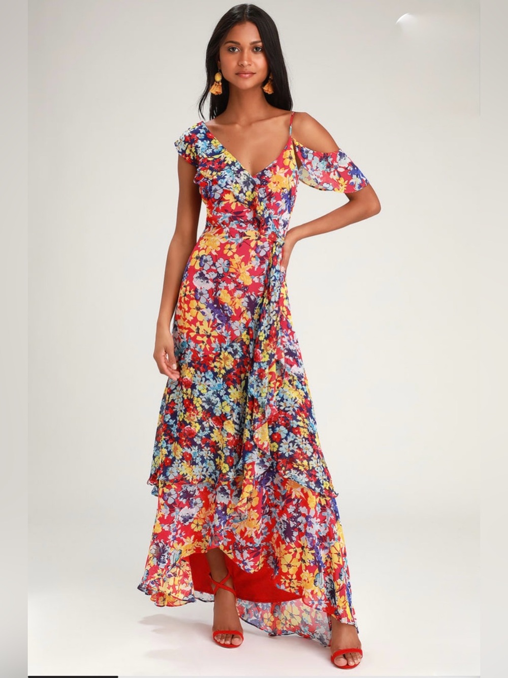 NWT! Lulus Floral V-Neck Chiffon Maxi Dress in Red & Multicolor
